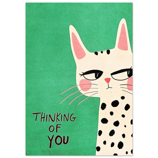 Prickig katt med texten Thinking of You på mörkgrön bakgrund