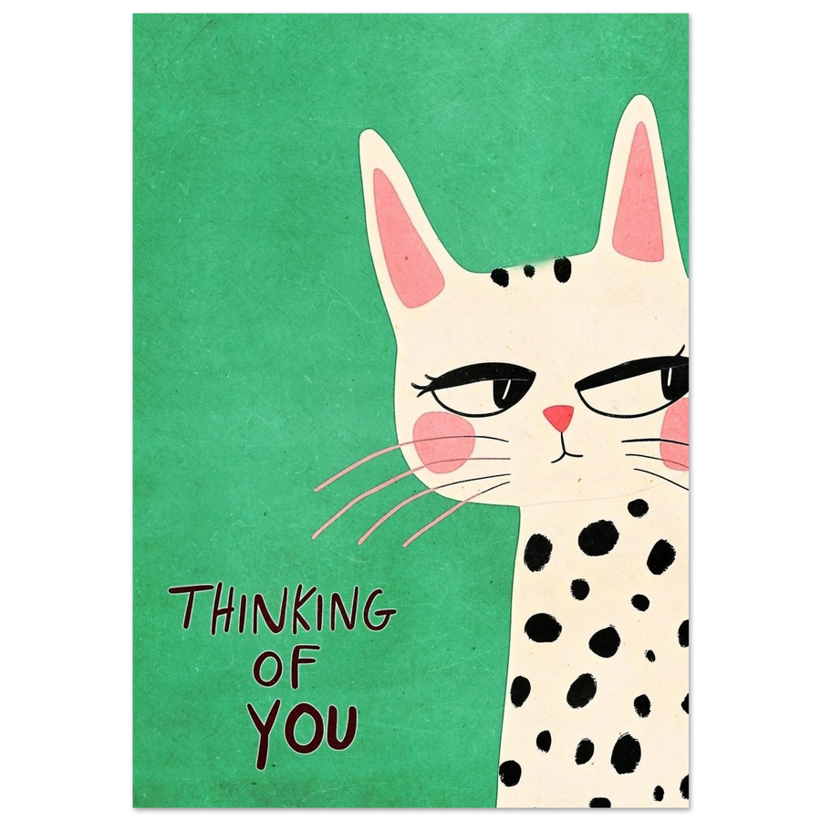 Prickig katt med texten Thinking of You på mörkgrön bakgrund