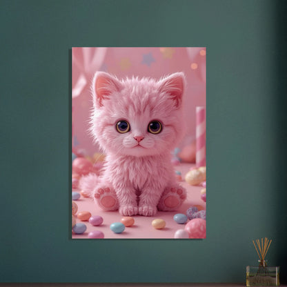 Rosa fluffig kattunge med stora ögon omgiven av godis