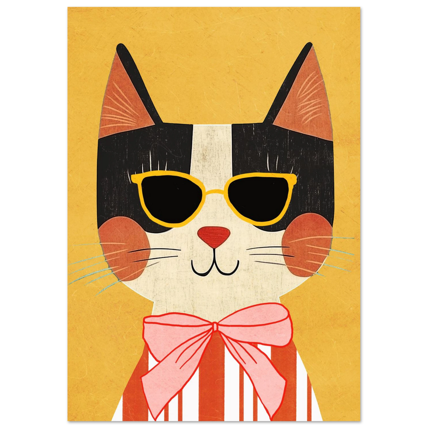 Kaxig kattmotiv poster med svartvita detaljer och varmgul bakgrundsfärg