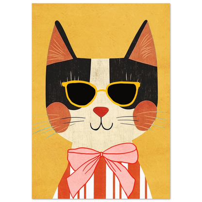 Kaxig kattmotiv poster med svartvita detaljer och varmgul bakgrundsfärg