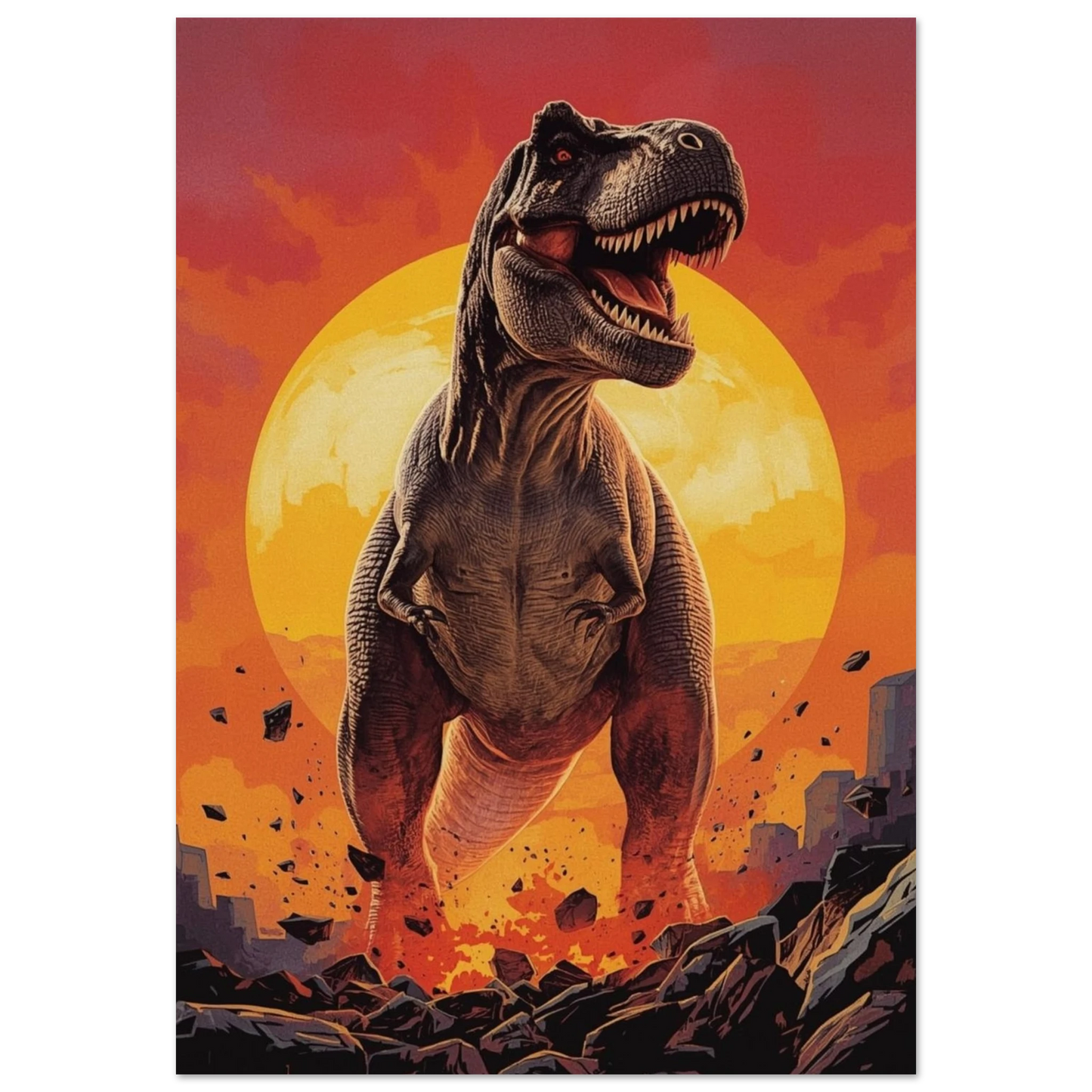 Detaljerad tecknad T-Rex i förgrunden, omgiven av flygande stenar, framför en stor orange solnedgång – Tecknad poster