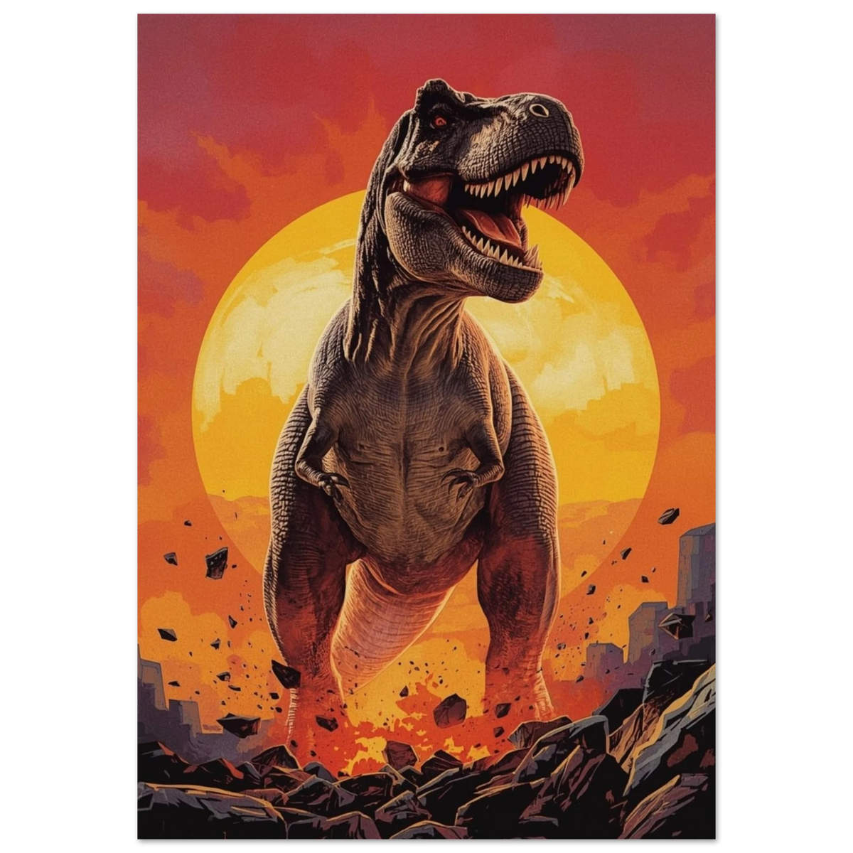 Detaljerad tecknad T-Rex i förgrunden, omgiven av flygande stenar, framför en stor orange solnedgång – Tecknad poster