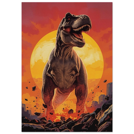 Detaljerad tecknad T-Rex i förgrunden, omgiven av flygande stenar, framför en stor orange solnedgång – Tecknad poster