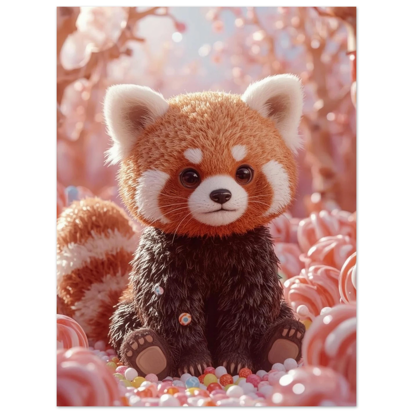 Digital illustration av en röd panda i en magisk godisskog
