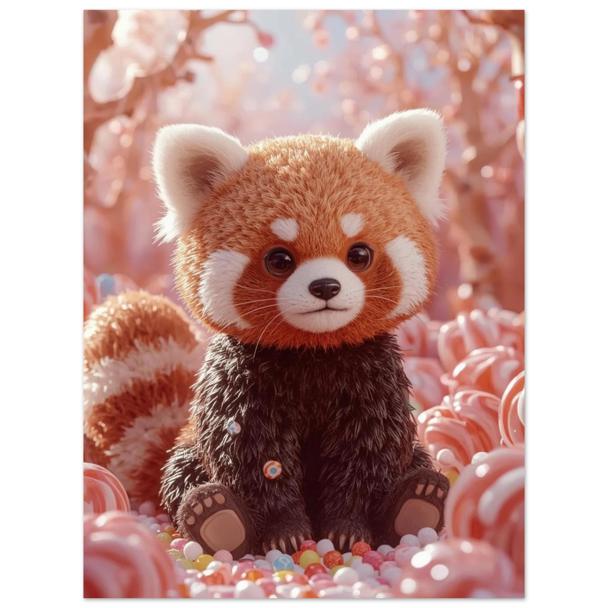 Digital illustration av en röd panda i en magisk godisskog