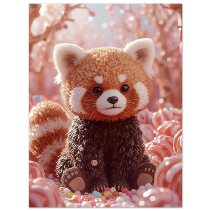 Digital illustration av en röd panda i en magisk godisskog