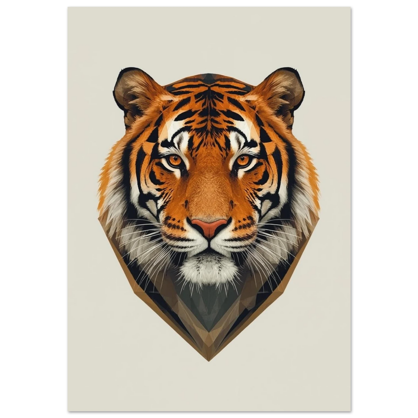 Tigerhuvud i grafisk stil med orangea ränder mot ljusbeige bakgrund