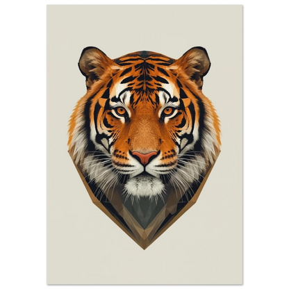 Tigerhuvud i grafisk stil med orangea ränder mot ljusbeige bakgrund