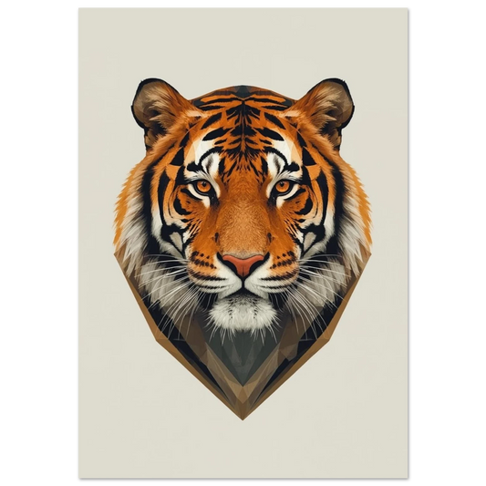 Tigerhuvud i grafisk stil med orangea ränder mot ljusbeige bakgrund