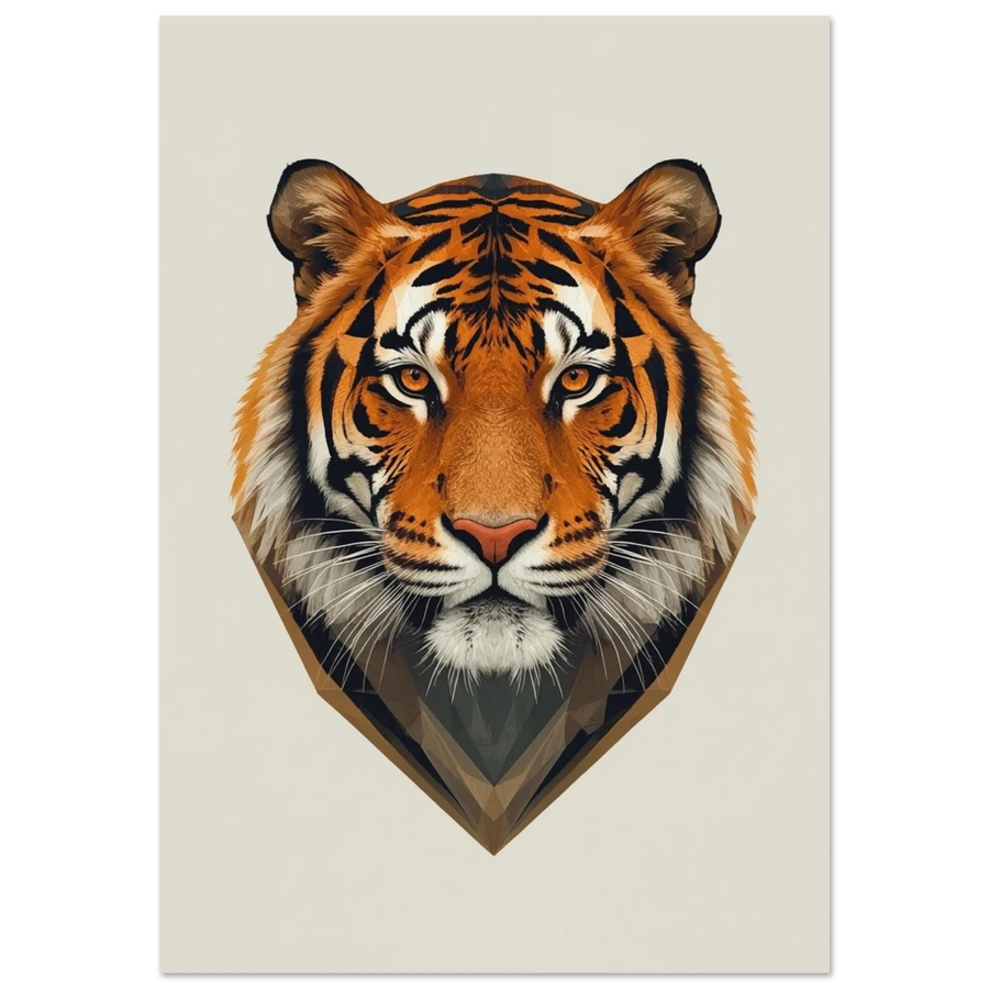 Tigerhuvud i grafisk stil med orangea ränder mot ljusbeige bakgrund
