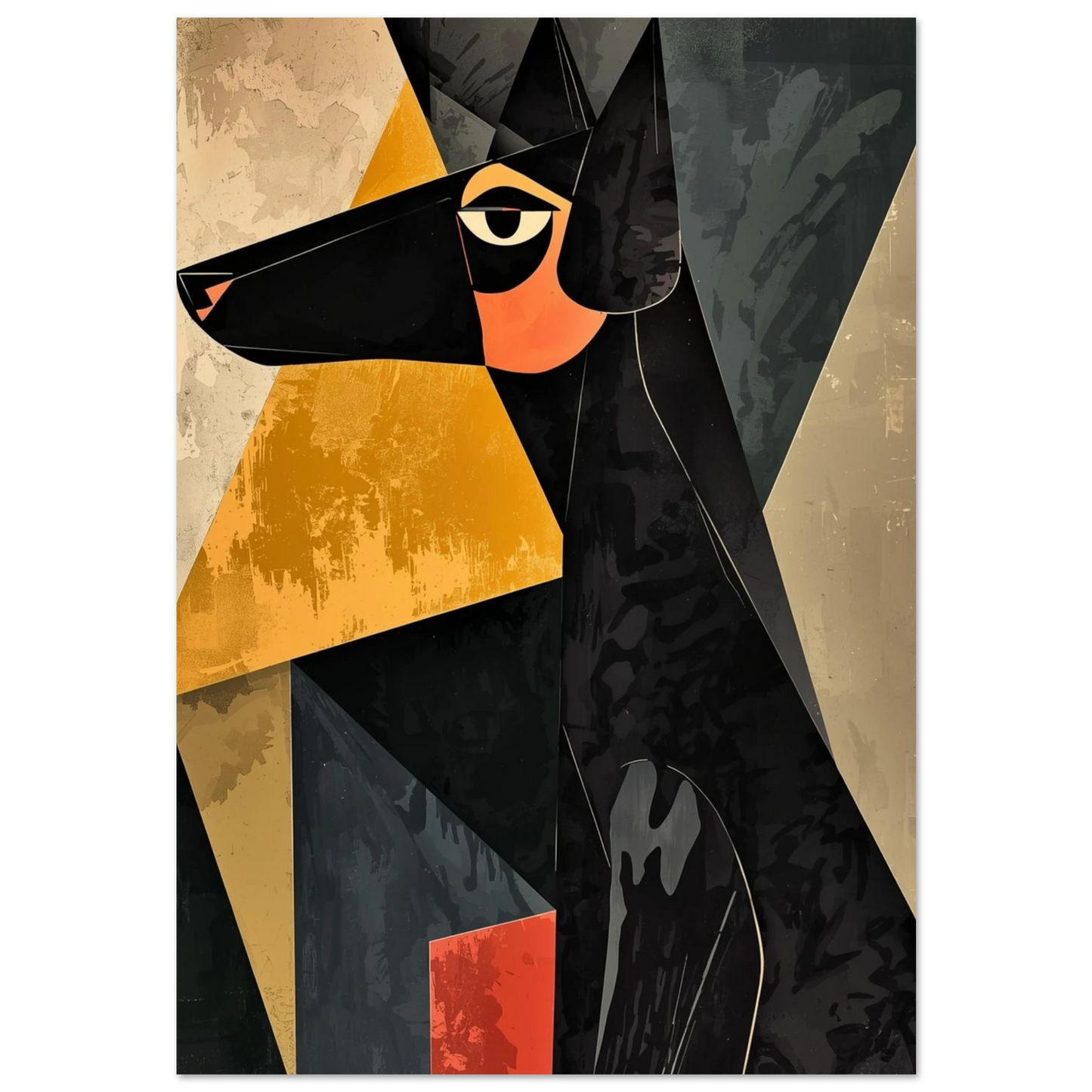 Kubistisk hundposter med svarta och gula geometriska former på mörk bakgrund