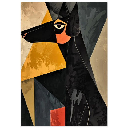 Kubistisk hundposter med svarta och gula geometriska former på mörk bakgrund