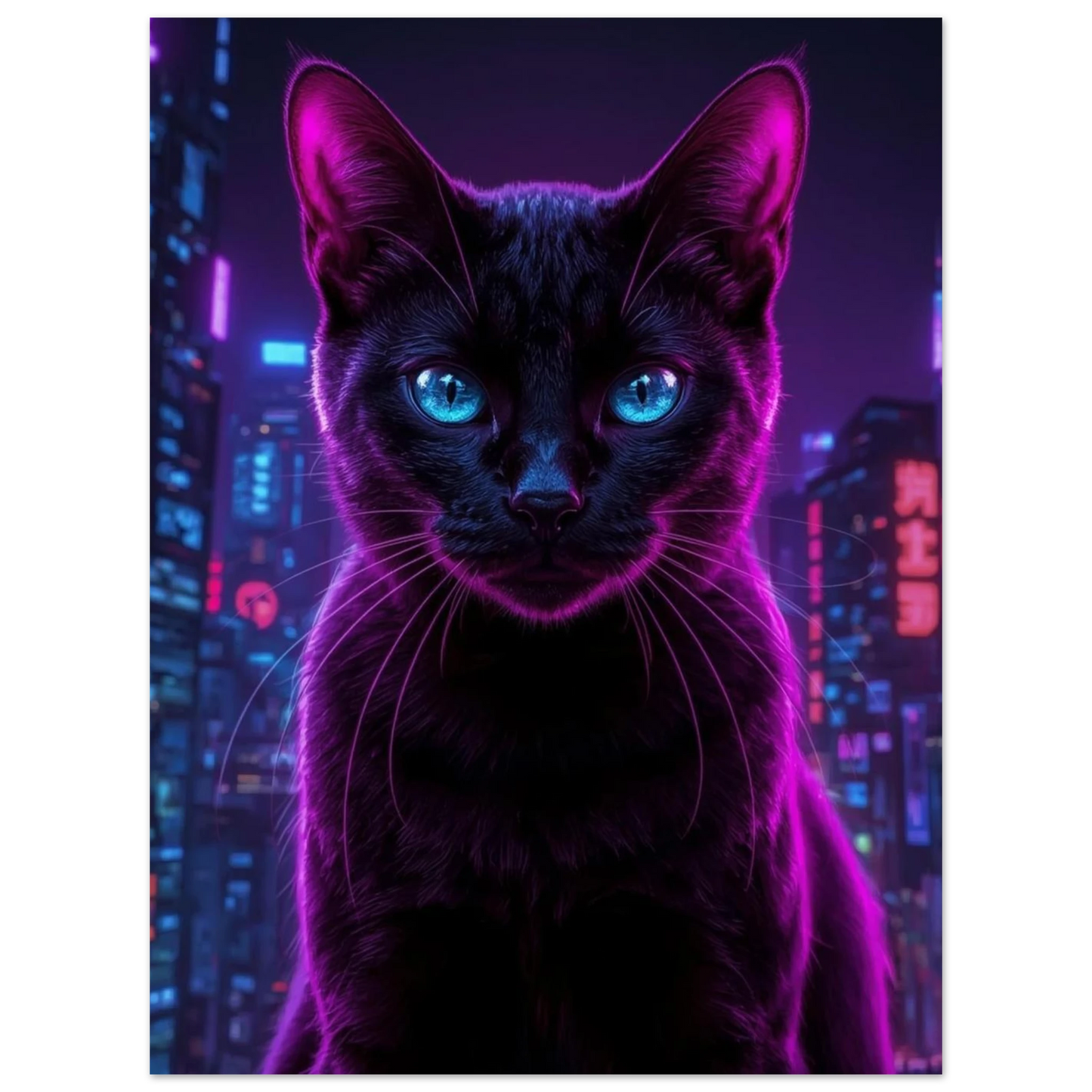 Närbild på en svart katt i en glödande cyberpunk-miljö, väggkonst