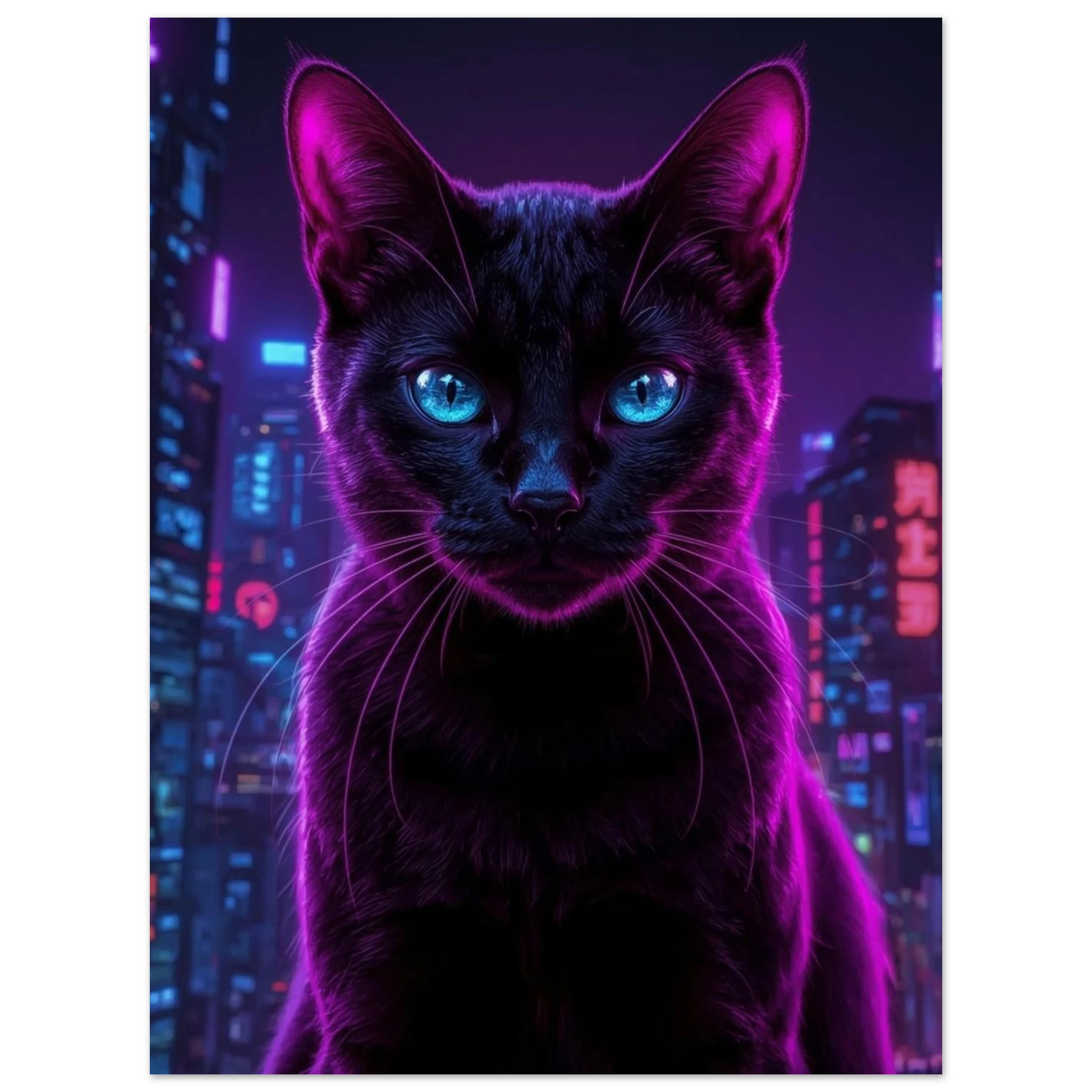 Närbild på en svart katt i en glödande cyberpunk-miljö, väggkonst