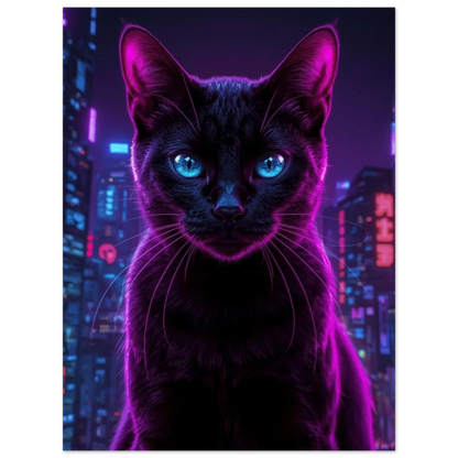 Närbild på en svart katt i en glödande cyberpunk-miljö, väggkonst