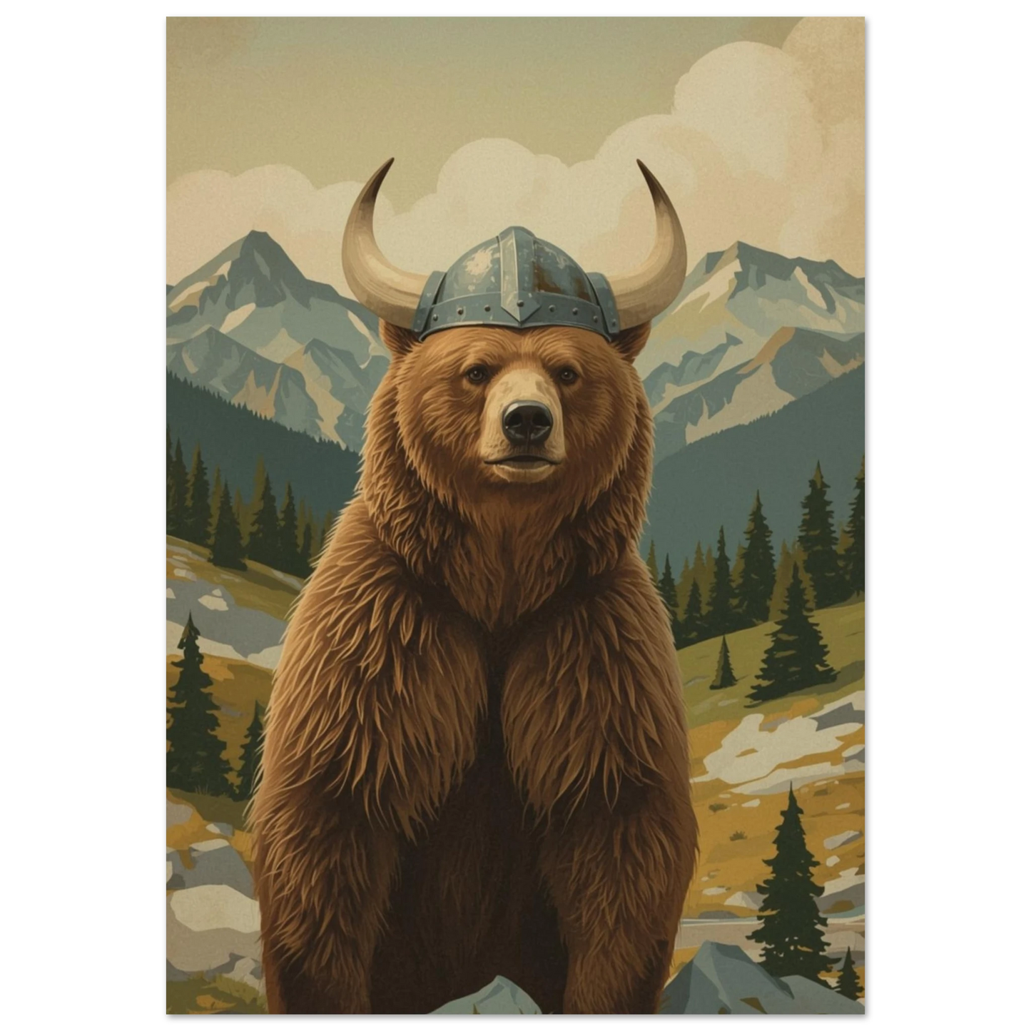 Björn iklädd vikingahjälm framifrån, med berg och barrskog i bakgrunden – Målad poster