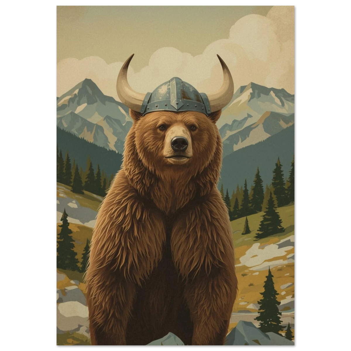 Björn iklädd vikingahjälm framifrån, med berg och barrskog i bakgrunden – Målad poster