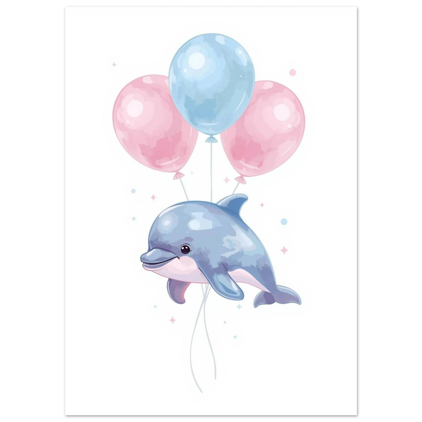 Glad babydelfin flyger bland pastellballonger i mjuk illustration för barn