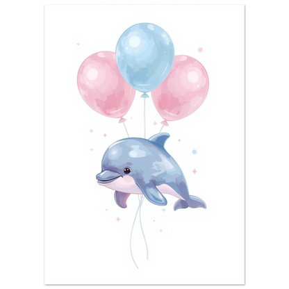 Glad babydelfin flyger bland pastellballonger i mjuk illustration för barn