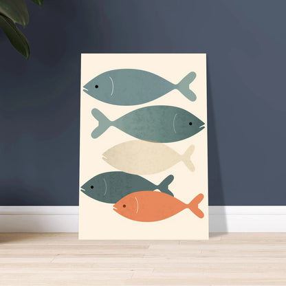 Abstrakta fiskar i skandinavisk stil, lugn och harmonisk design.