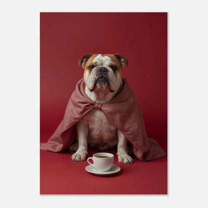 Stiliserat fotoporträtt av bulldogg med rosa tyg och vit kopp