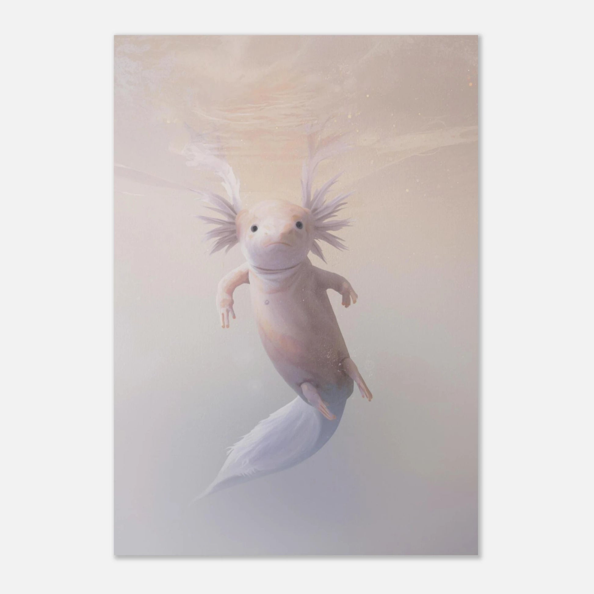 Illustrerad axolotl som simmar i ett ljusfyllt akvarium – mjuk väggkonst