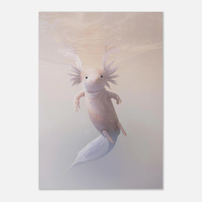 Illustrerad axolotl som simmar i ett ljusfyllt akvarium – mjuk väggkonst