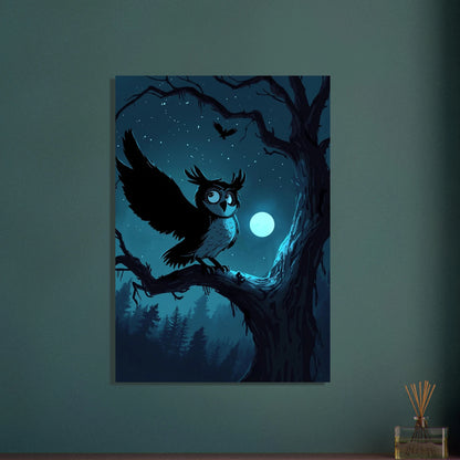 Uggla på gren under månsken, mystisk sagolik illustration