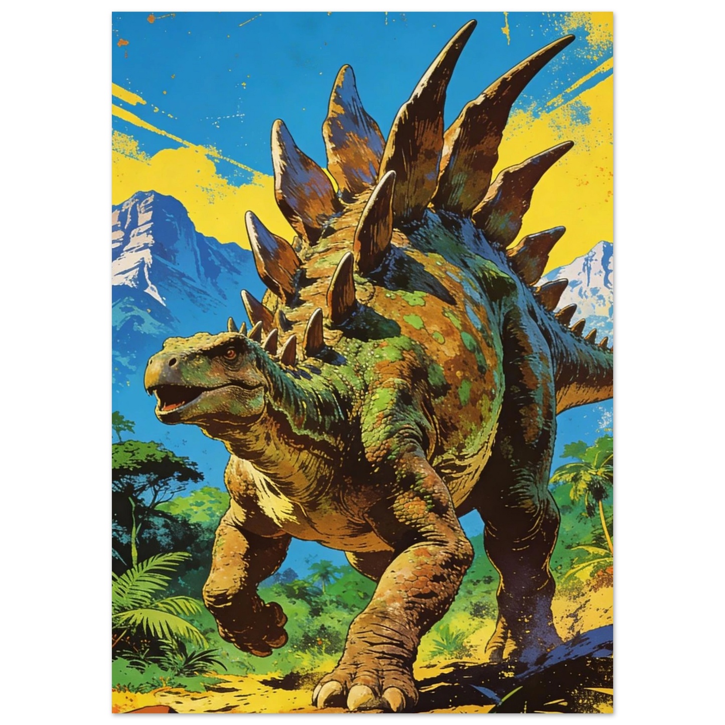Detaljbild av Stegosaurus poster i retrostil som visar textur och färger