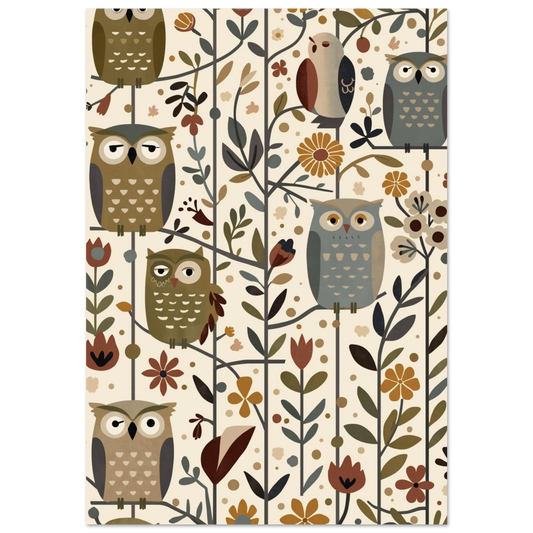 Skandinaviskt uggleposter mönster med jordnära bruna och grå toner