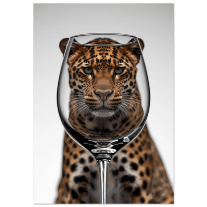 Leopard sedd genom ett vinglas, surrealistiskt djurmotiv med svart bakgrund