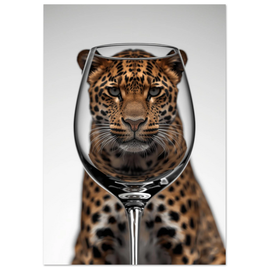 Leopard sedd genom ett vinglas, surrealistiskt djurmotiv med svart bakgrund