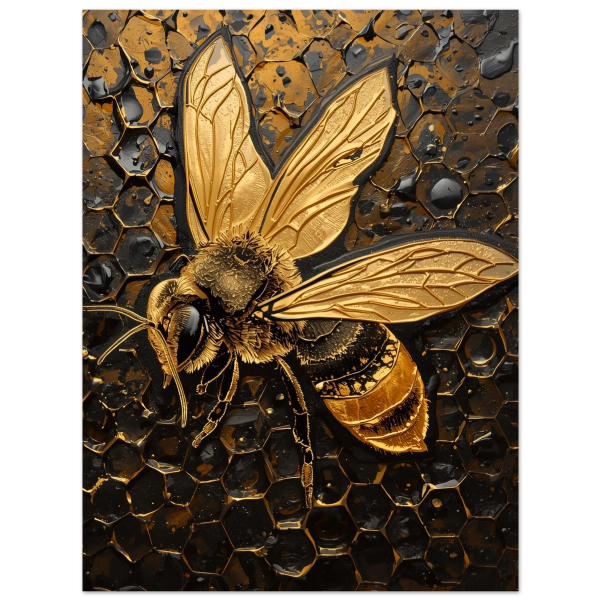 Konstnärligt bi i guld och svart med texturerad vaxkakestruktur