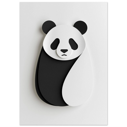 Stiliserad svartvit pandaposter med tredimensionell känsla på ljusgrå bakgrund