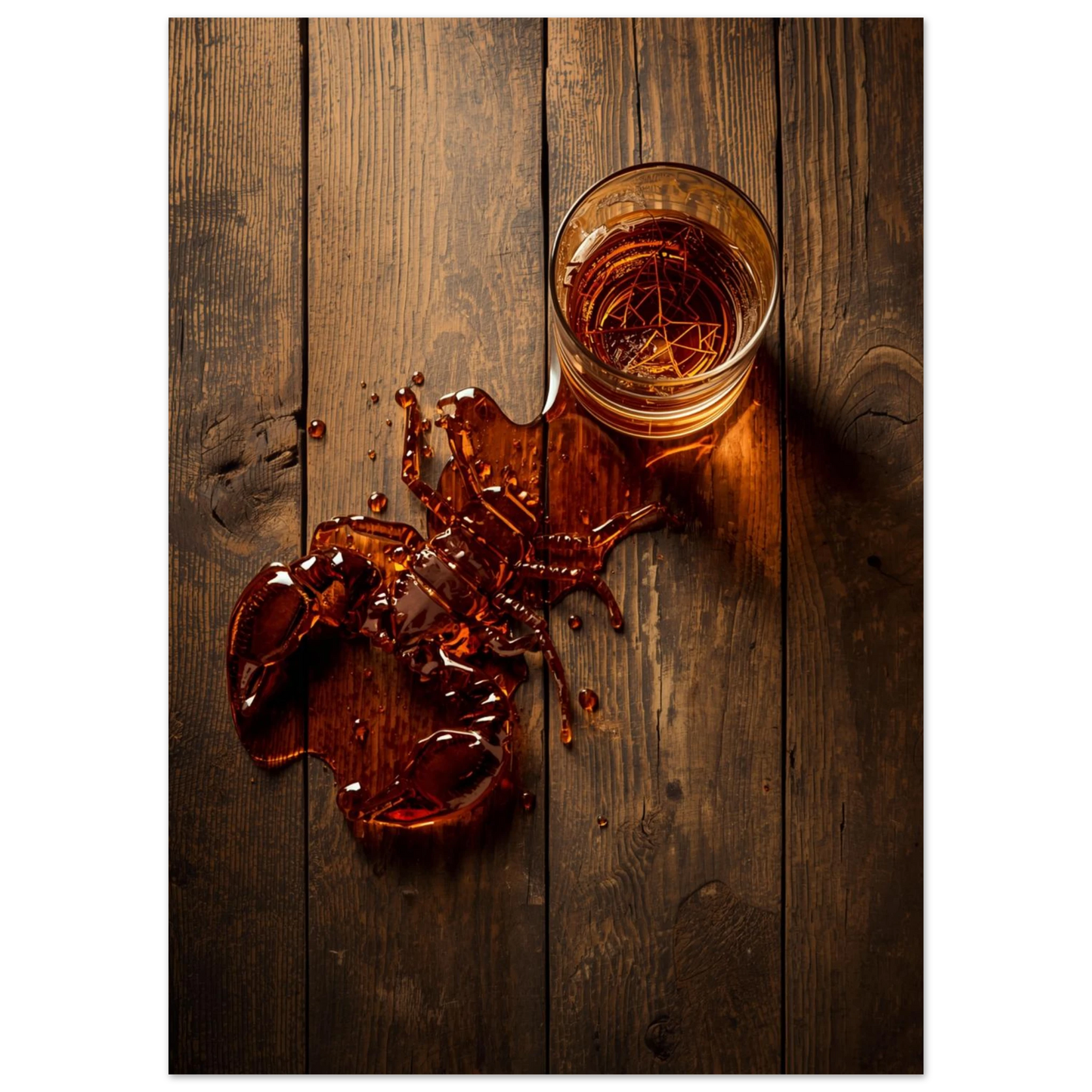 Närbild på ett whiskeyglas där vätskan bildar en kräfta, rustik inredning