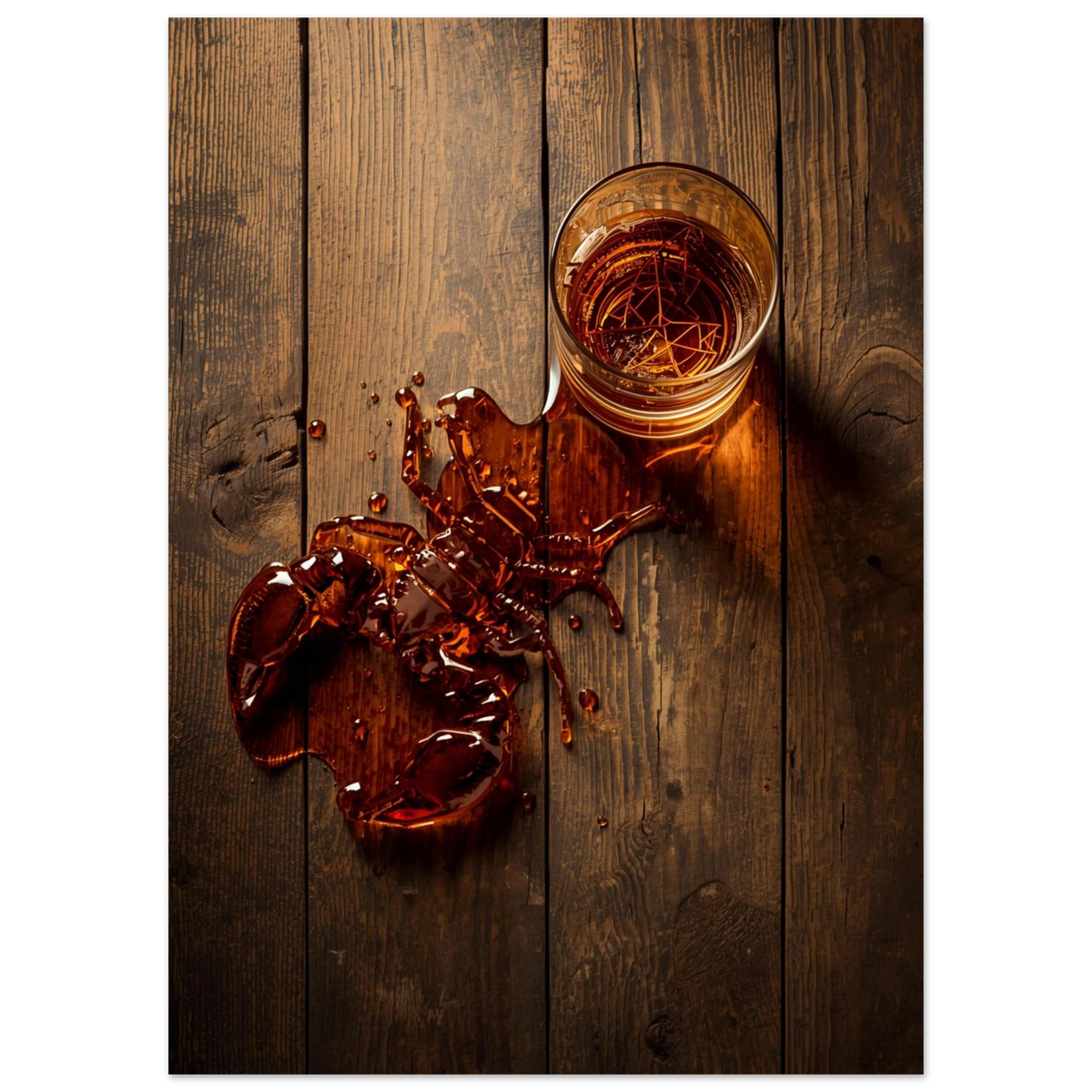 Närbild på ett whiskeyglas där vätskan bildar en kräfta, rustik inredning