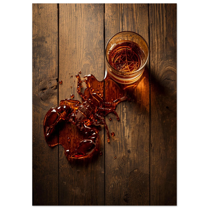 Närbild på ett whiskeyglas där vätskan bildar en kräfta, rustik inredning