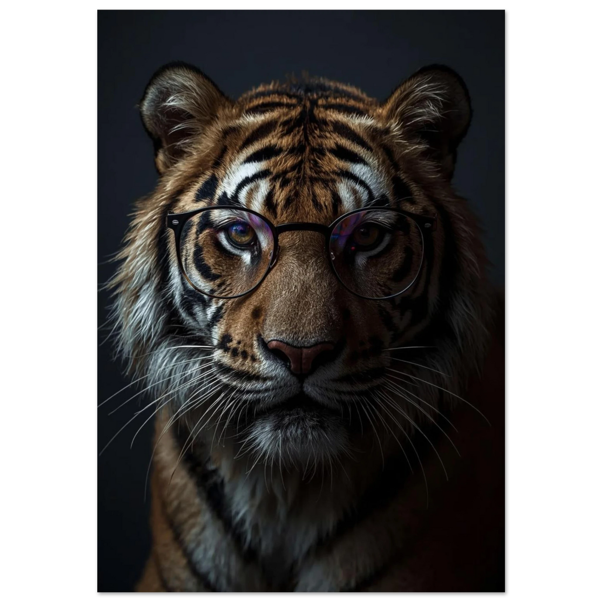 Detaljerat porträtt av en tiger med runda glasögon, mörk bakgrund – Fotorealistisk poster