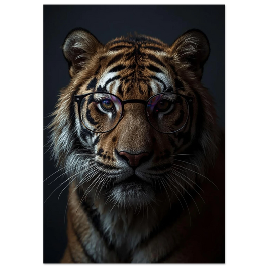 Detaljerat porträtt av en tiger med runda glasögon, mörk bakgrund – Fotorealistisk poster