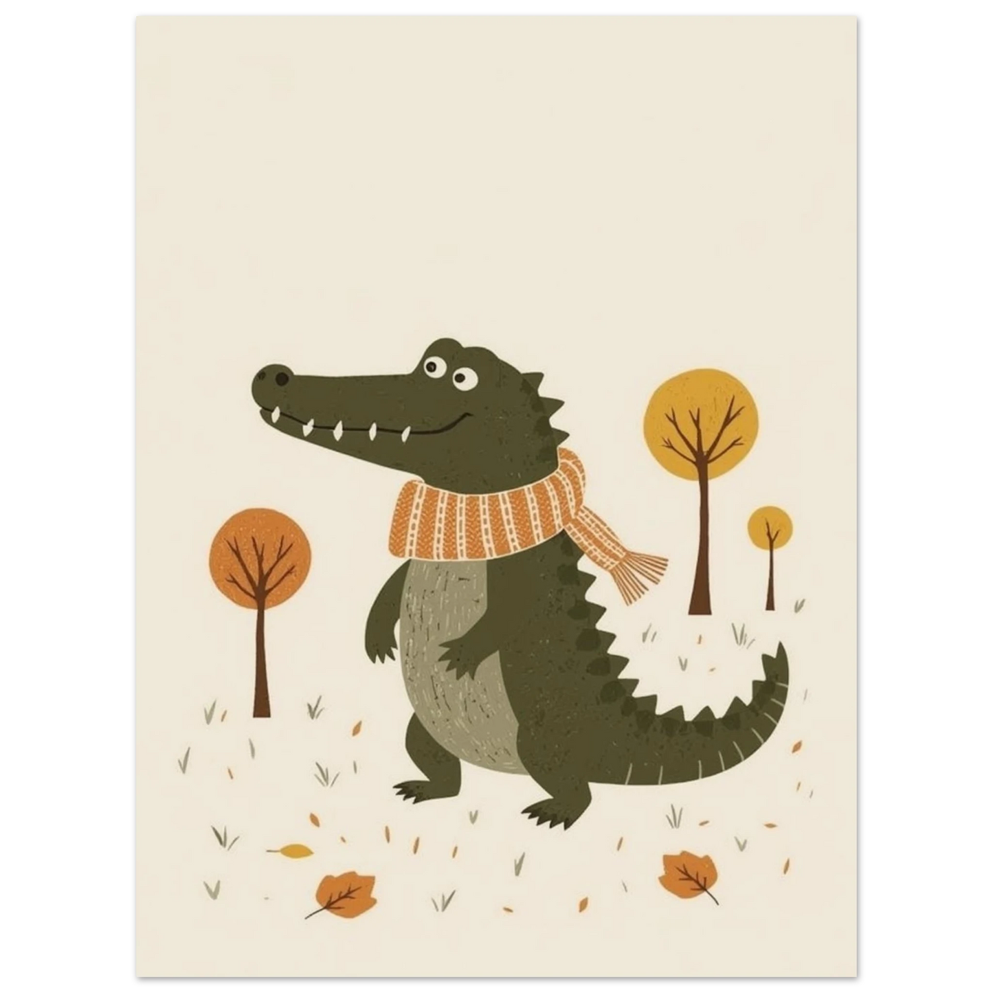 Lekfull krokodilillustration med hösttema, ljus bakgrund – Tecknad poster