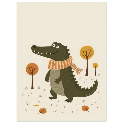 Lekfull krokodilillustration med hösttema, ljus bakgrund – Tecknad poster
