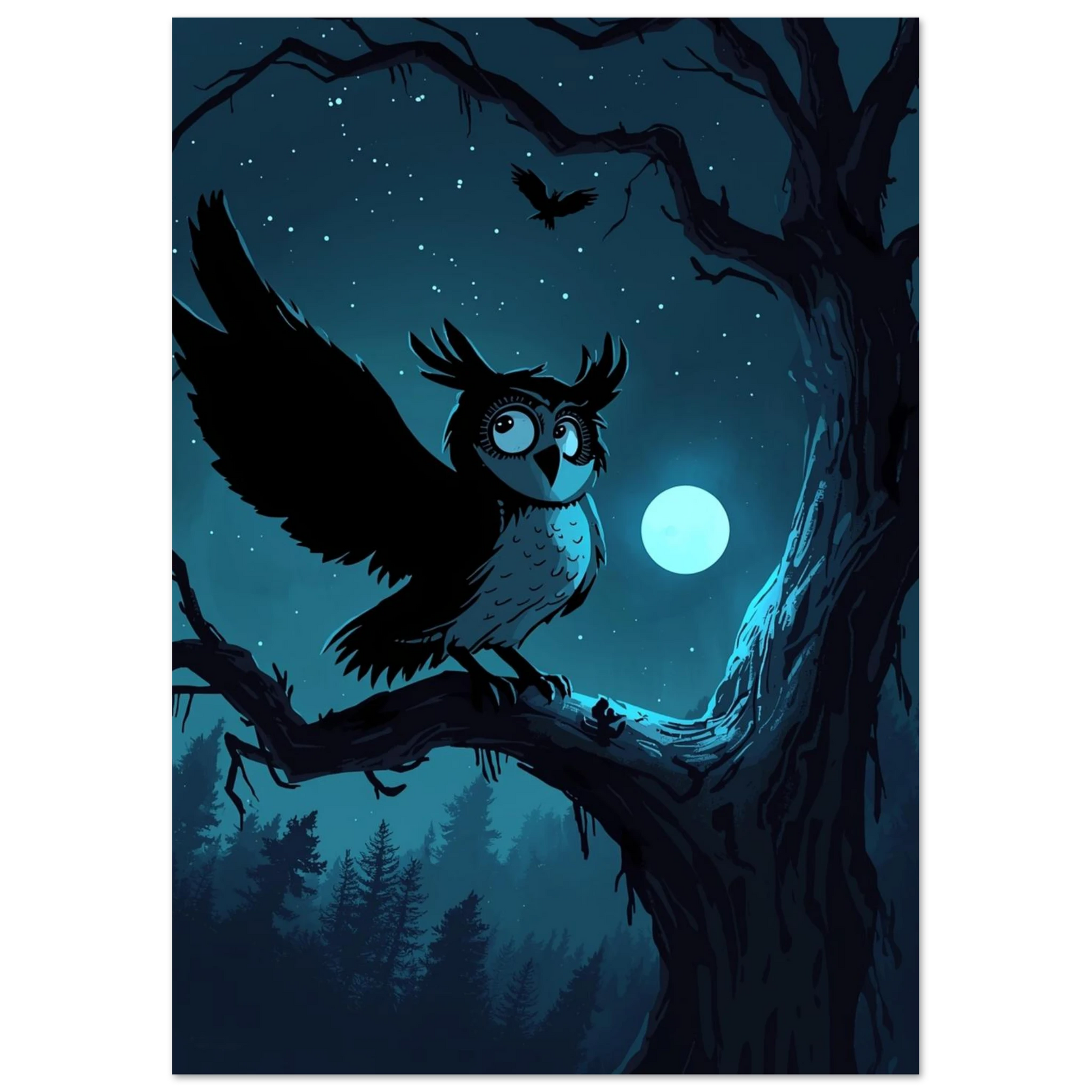 Sagoaktig illustration av en uggla under månsken i djupblå skog