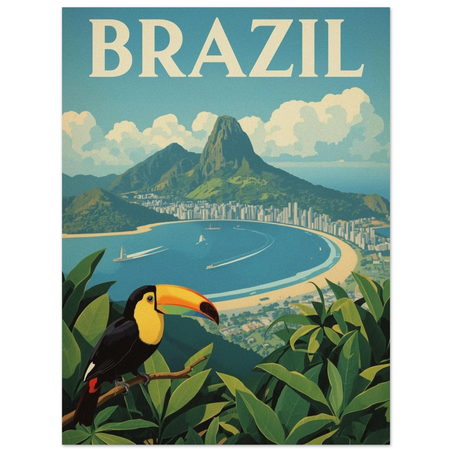 Tukan med gul näbb blickar ut över en solig havsvik i Brasilien – poster