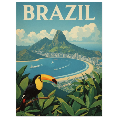 Tukan med gul näbb blickar ut över en solig havsvik i Brasilien – poster