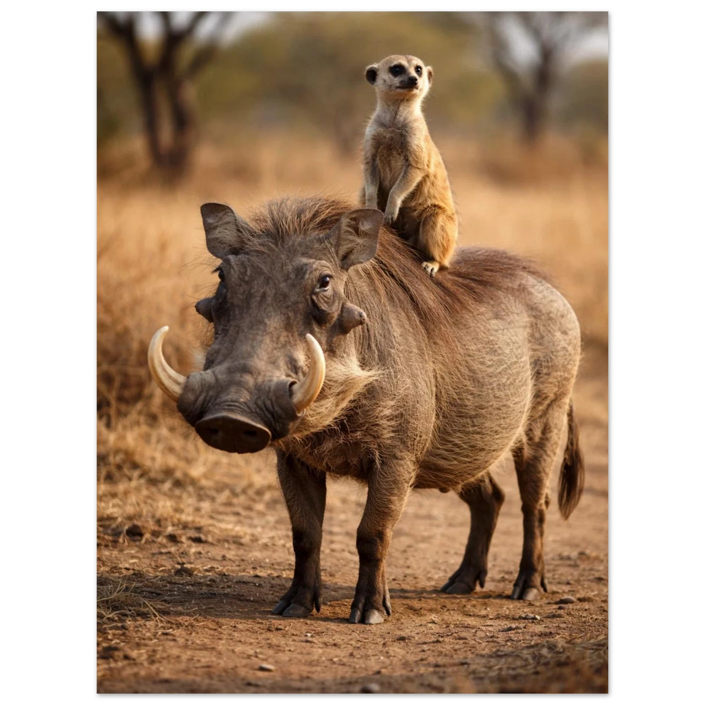 Vårtsvin med surikat på ryggen, detaljerad bild av ansiktet – Fotorealistisk poster