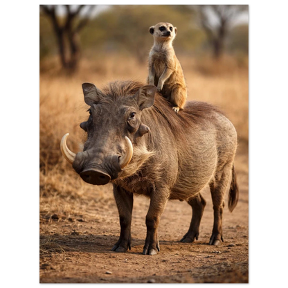 Vårtsvin med surikat på ryggen, detaljerad bild av ansiktet – Fotorealistisk poster