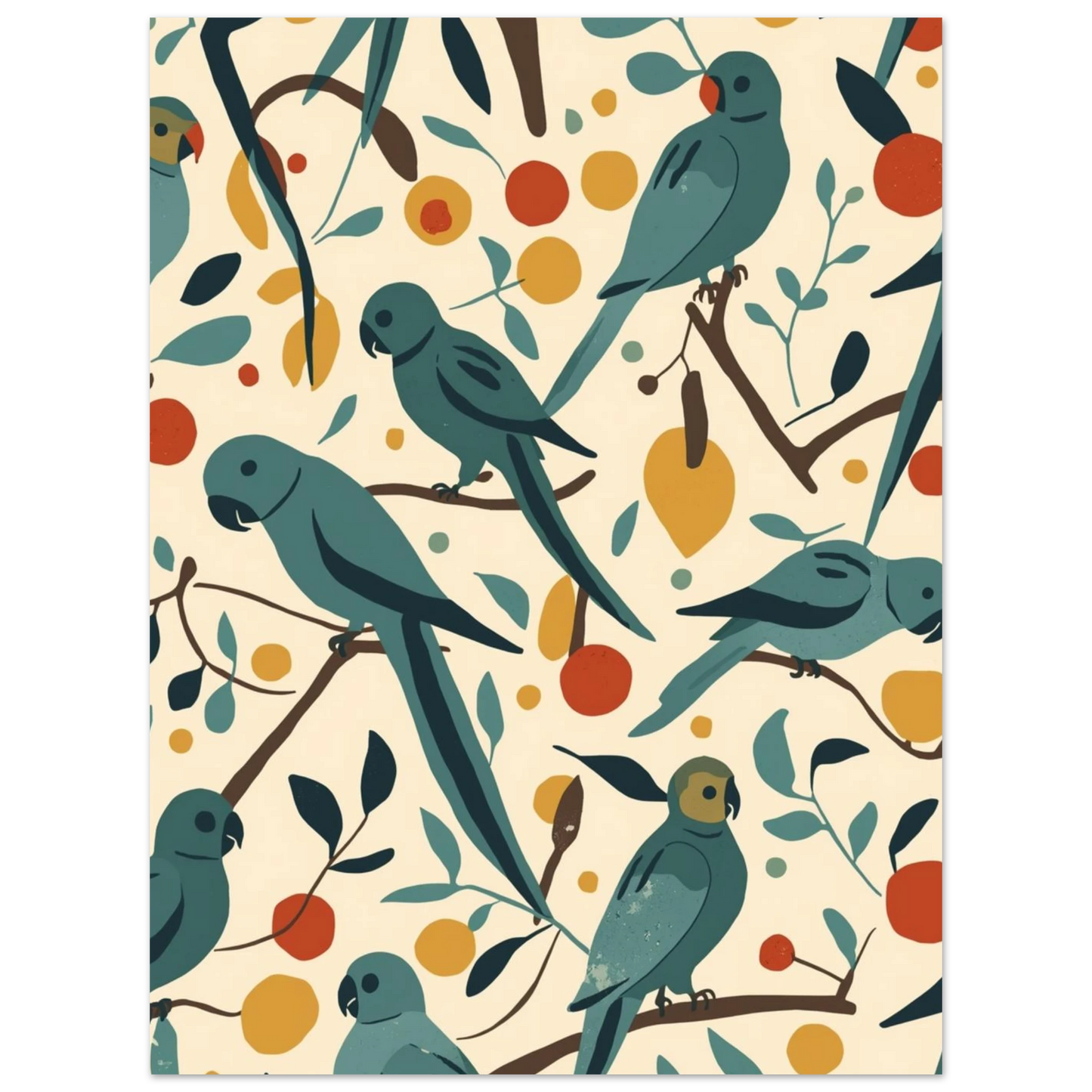 Midcentury-inspirerad illustration av sittande papegojor bland blad och runda frukter