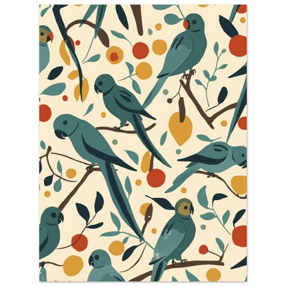 Midcentury-inspirerad illustration av sittande papegojor bland blad och runda frukter