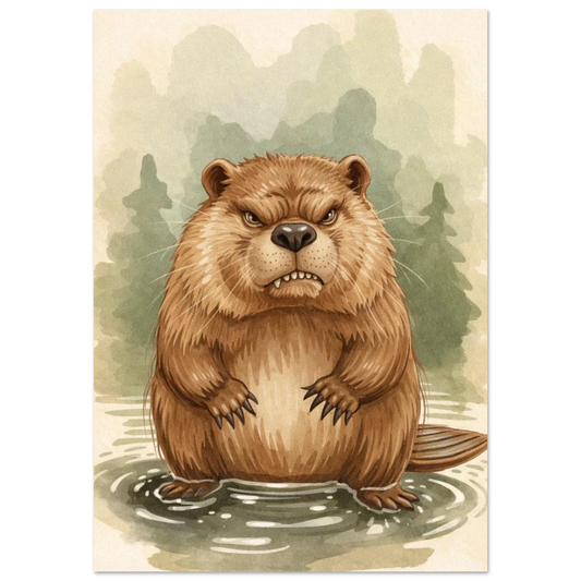 Tecknad bild av en butter bäver stående i vatten med skog i bakgrunden – Tecknad poster